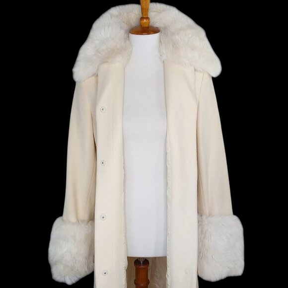 Express Wool Coat Size 5/6 Ivory Faux Fur Collar Cuffs Dressy Penny Lane Vintage - Picture 5 of 16